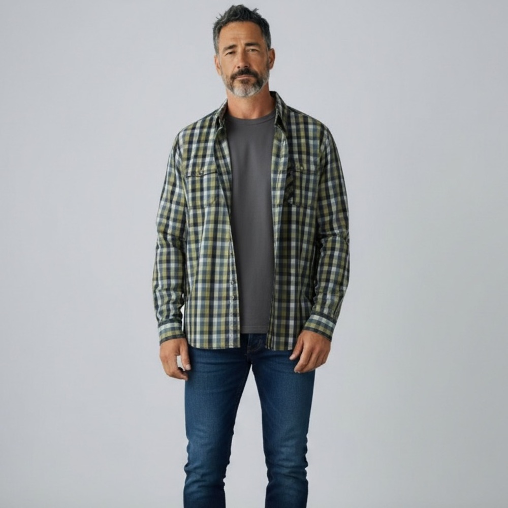 Life Khaki Men's L slim-fit Turquoise Lime Plaid Button Down Shirt‎